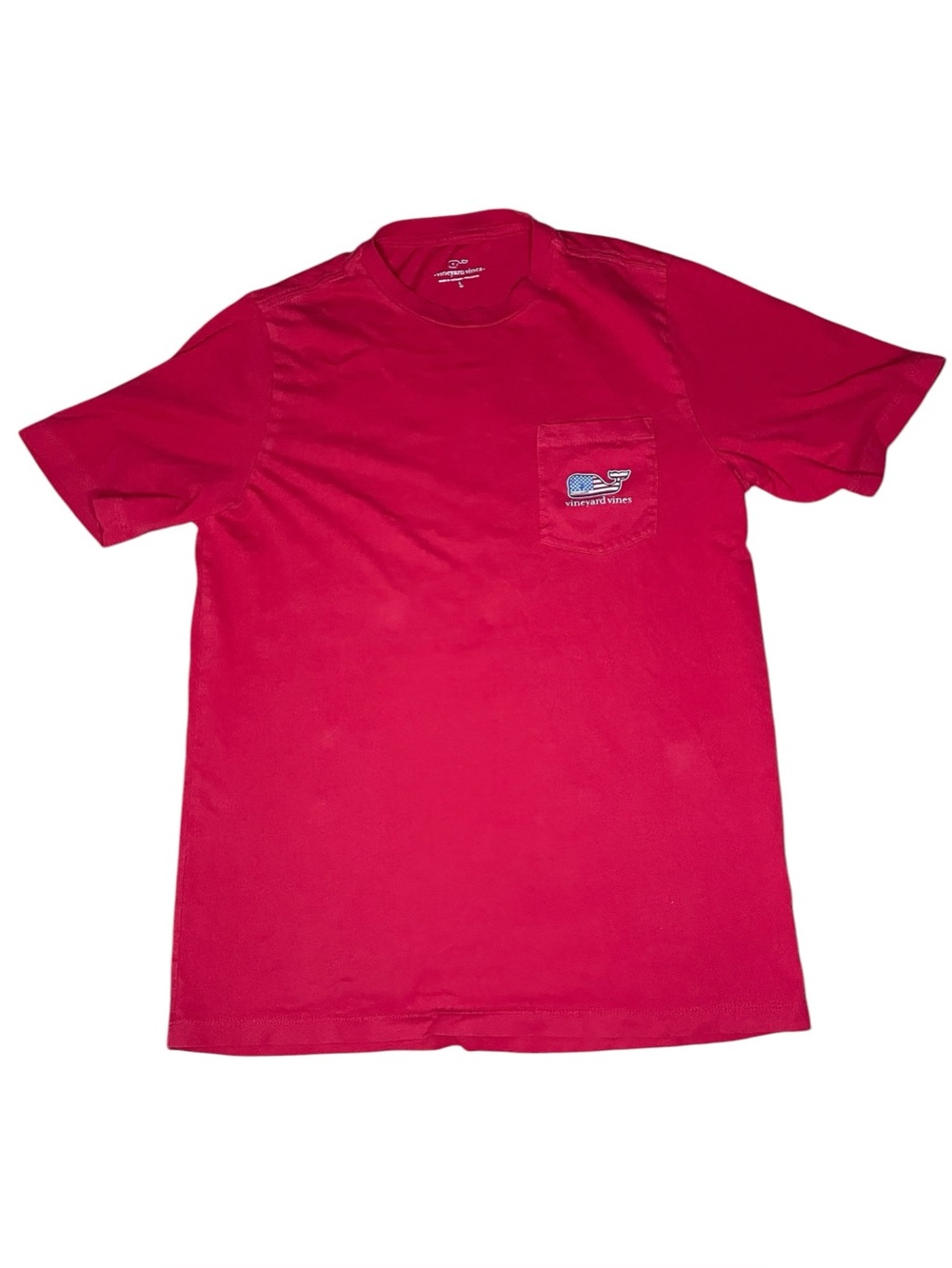 Vineyard Vines Red Pocket Tee w/ American Flag Whale Graphic-Boys Large
